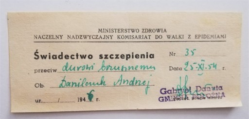 Zdjęcie oferty: Dokument kolekcjonerski:świadectwo szczepienia1954