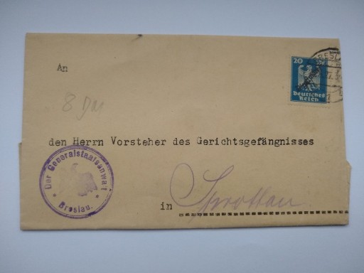 Zdjęcie oferty: Obwoluta listu z miejscowości Breslau z roku 1927