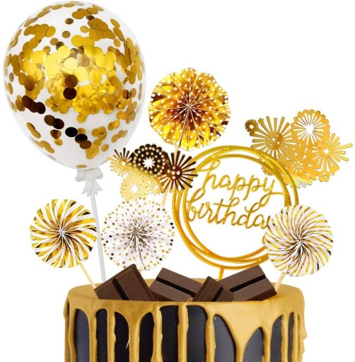Zdjęcie oferty: Dekoracja tortu Urodziny złote balon konfetti