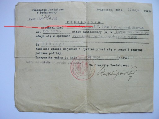 Zdjęcie oferty: Przepustka na zasiedlenie 1945 Bydgoszcz Elbląg