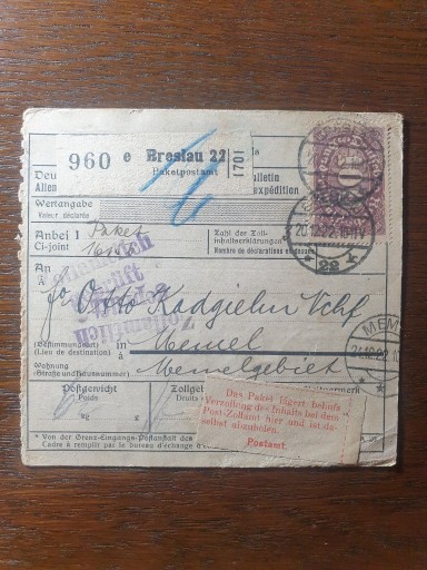 Zdjęcie oferty: BRESLAU 1922 przekaz pocztowy WROCŁAW stempel pocz