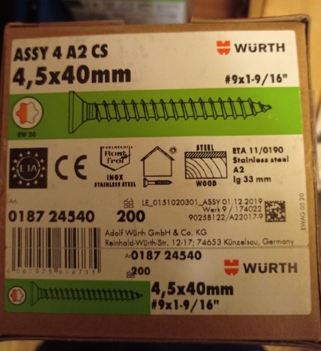 Zdjęcie oferty: Wkręty do  elewacji Wurth 4,5x40 nierdzewne INOX 