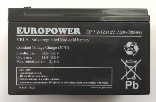 Zdjęcie oferty: Akumulator EUROPOWER 7,2 Ah / 20 HR 12 V VRLA UPS