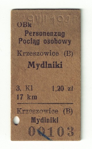 Zdjęcie oferty: BILET KOLEJ KRZESZOWICE - MYDLNIKI 1940