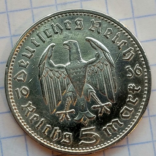 Zdjęcie oferty: 1936 Niemcy srebrnych 5 reichsmarki ,A,