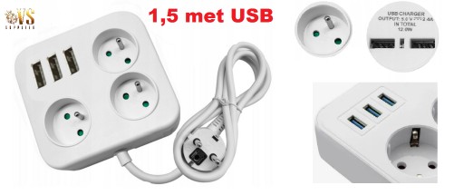 Zdjęcie oferty: PRZEDŁUŻACZ Z UZIEMIENIEM + 3 USB KABEL 1.5M