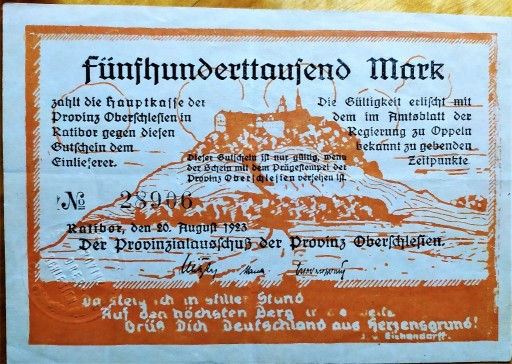 Zdjęcie oferty: Ratibor , Racibórz , 500.000 marek , 1923 r  ładny
