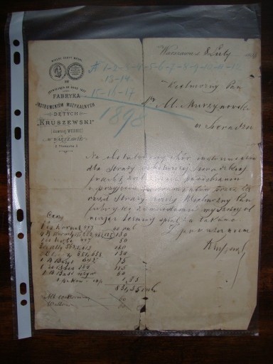 Zdjęcie oferty: List Fabryka Instrumentów Dętych 1898