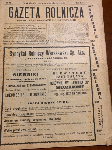 Zdjęcie oferty: Gazeta Rolnicza  No 38.  1924 r