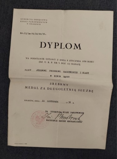 Zdjęcie oferty: Dyplom nadania srebrny medal za długoletnia służbę