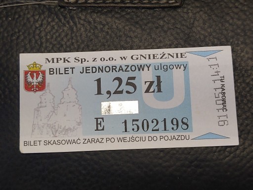 Zdjęcie oferty: Bilet komunikacja MPK Gniezno 1.25 zł 