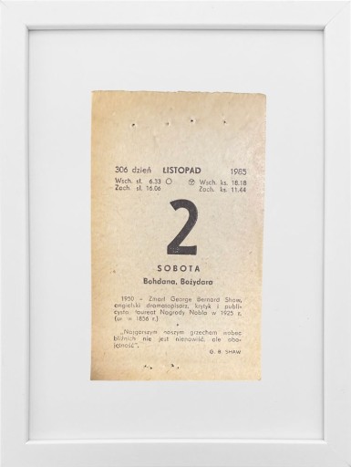 Zdjęcie oferty: Kartka z kalendarza 1985r. różne daty, oryginał w ramce