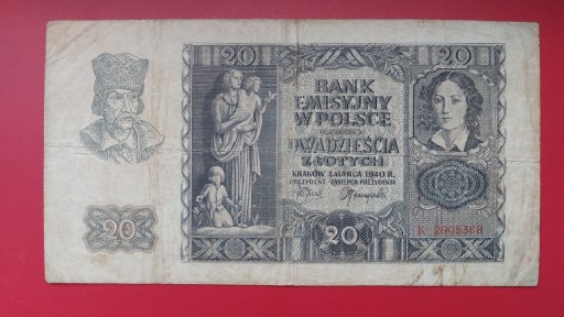 Zdjęcie oferty: Banknot 20 zł 1940 r. Seria K