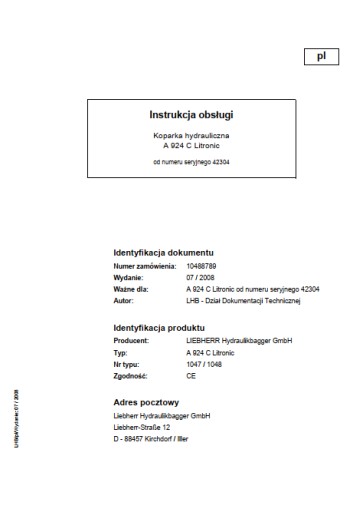 Zdjęcie oferty: Instrukcja obsługi Liebherr  A 924 C  Litronic PL
