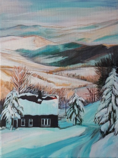 Zdjęcie oferty: Akryl na płótnie. Zimowy pejzaż. Chata w śniegu.