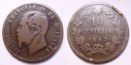 Zdjęcie oferty: Włochy 10 centesimi 1863 r.
