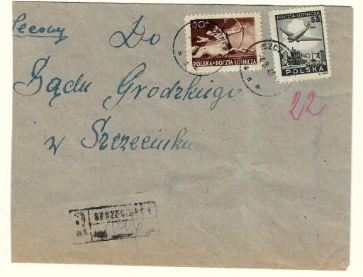 Zdjęcie oferty: Koperta z 1948r ze znaczkiem nr 446 i 595 z 1946r