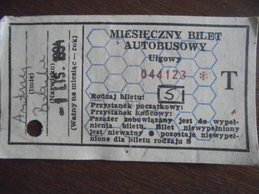 Zdjęcie oferty: MIESIĘCZNY BILET AUTOBUSOWY ŚLĄSK 1994 r.