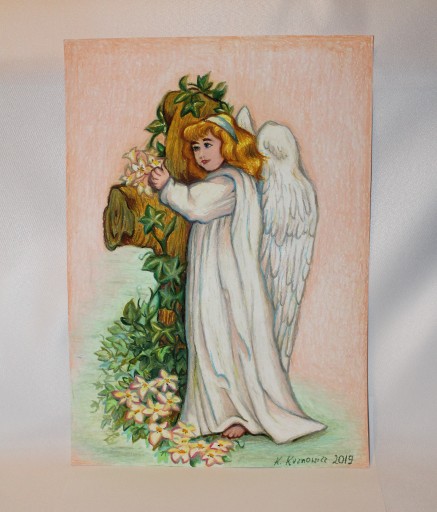 Zdjęcie oferty: obraz religijny anioł tulący krzyż pastele olejne