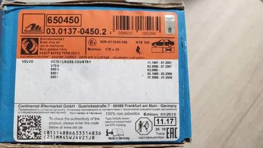 Zdjęcie oferty: Szczęki hamulcowe ATE  ręcznego Volvo V70II XC70 