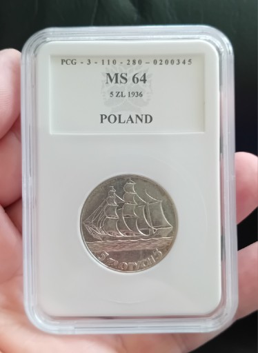 Zdjęcie oferty: 5 złotych 1936 Żaglowiec. Mennicze MS64 !!!