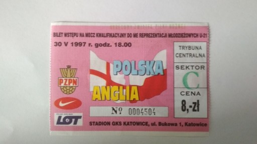 Zdjęcie oferty: Bilet Polska - Anglia u-21 1997 r.