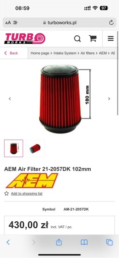Zdjęcie oferty: Filtr stożkowy AEM 21-2057DK 102 mm air filter