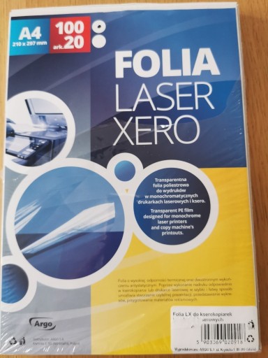 Zdjęcie oferty: Folie do drukarek laserowych i ksero Argo 100 mic