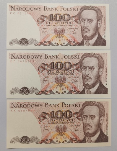 Zdjęcie oferty: Banknoty PRL 100 zł. emisja 1982 r. KC KF KK stan UNC