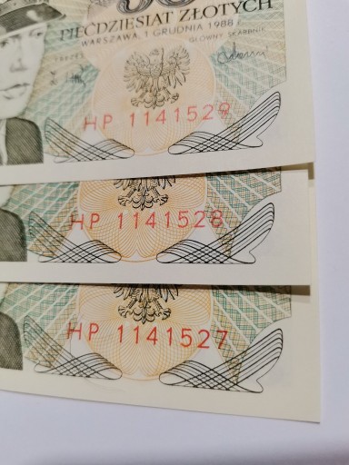 Zdjęcie oferty: Banknoty 50zł.'88r. zestaw niskie numery UNC /3szt