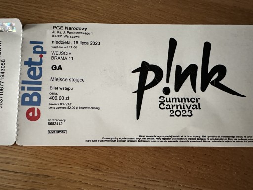 Zdjęcie oferty: Bilety na koncert PINK -16 lipca Stadion Narodowy