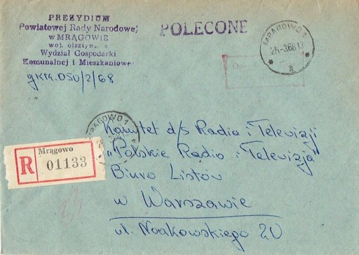 Zdjęcie oferty: Mrągowo - Koperty listów poleconych 1960-80