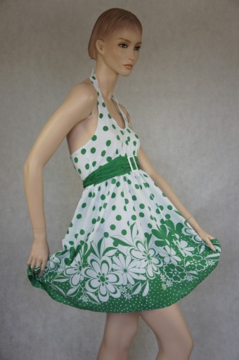 Zdjęcie oferty: Yd sukienka biała w zielone grochy retro vintage