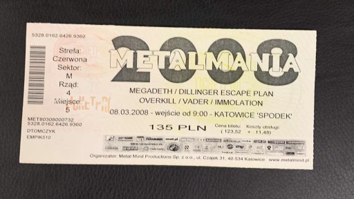 Zdjęcie oferty: Bilet z koncertu METALMANIA MEGADETH 08.03.2008