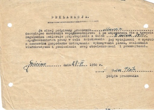 Zdjęcie oferty: Deklaracj o udziale w Socjal. Współzaw. Pracy-1950