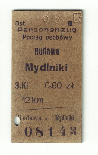 Zdjęcie oferty: BILET KOLEJ RUDAWA - MYDLNIKI 1940 (?)