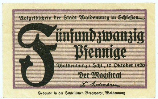 Zdjęcie oferty: WAŁBRZYCH 25 FENIGÓW 10.10.1920 F inicjał - nieb