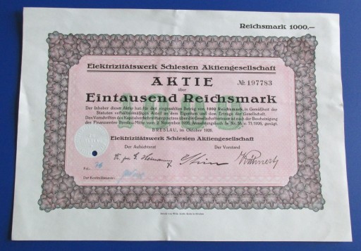 Zdjęcie oferty: Wrocław Elektrizitatswerk Schlesien 1000 mk. 1926