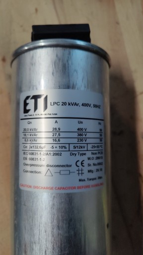 Zdjęcie oferty: Kondensator ETI LPC 20 kVAr 440V 50HZ 