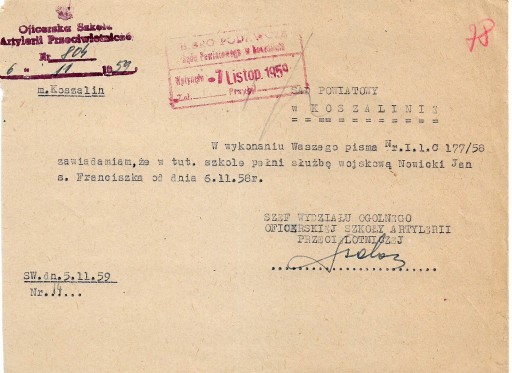 Zdjęcie oferty: Pismo Oficerskiej Szkoły Artylerii. Koszalin z1959