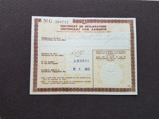 Zdjęcie oferty: Zaświadczenie do papierów wartość. Belgia 1946 r.