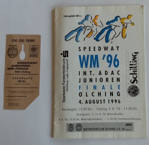 Zdjęcie oferty: MSJ finał Olching 1996 program + bilet żużel 