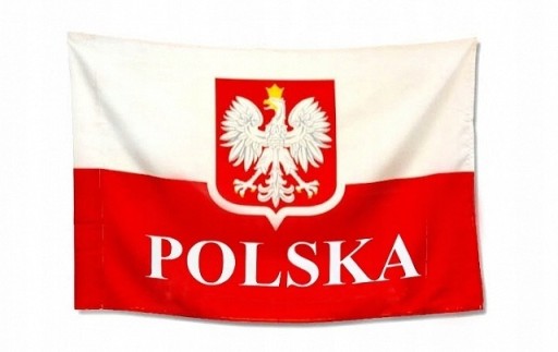 Zdjęcie oferty: Flaga Polski z godłem i napisem POLSKA - 68x136cm