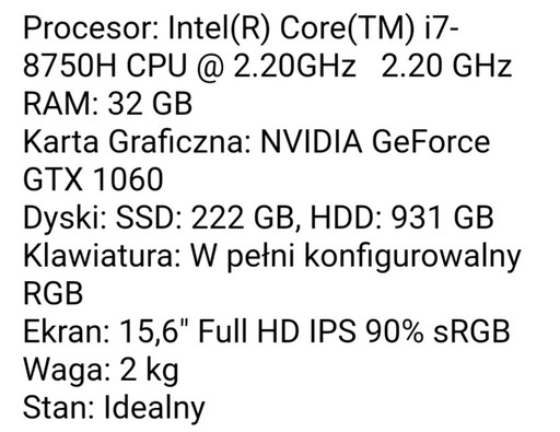 Zdjęcie oferty: Laptop Hyperbook Z15 GTX 1060 Intel i7