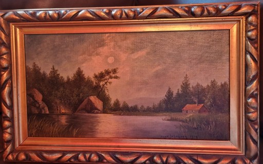 Zdjęcie oferty: Ognisko nad jeziorem 1914 stary obraz olejny cenny