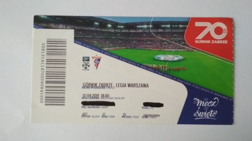 Zdjęcie oferty: Bilet Górnik Zabrze - Legia Warszawa 2019 r.