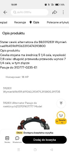 Zdjęcie oferty: Cewka alternator silnik Briggs stratton 14.5km