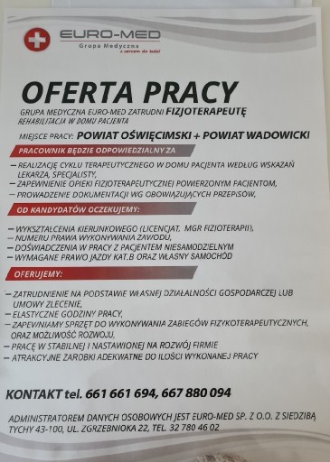 Zdjęcie oferty: Fizjoterapeuta praca 