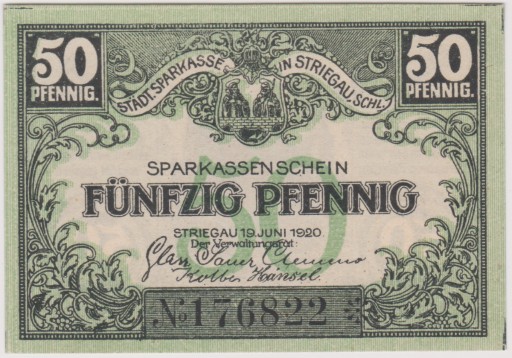 Zdjęcie oferty: Striegau (Strzegom), 50 Pf, 19.06.1920