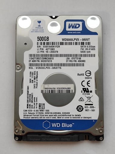 Zdjęcie oferty: Dysk WD BLUE WD5000LPVX 500GB 7mm Dell 0KRH94